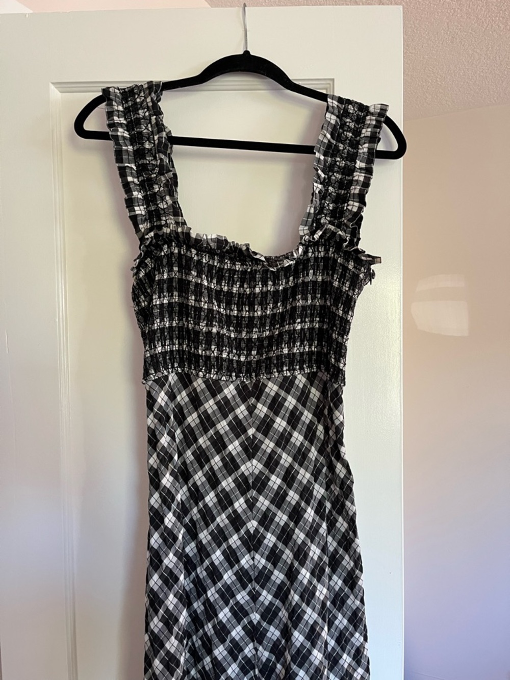 Ganni Black and White Smocked Plaid Sundress